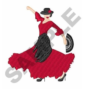 Op de afbeelding: Een vrouw in een rode jurk en een zwarte sjaal danst met een waaier. Ze draagt een zwarte hoed met een rode bloem.