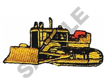 May include: Yellow and black embroidered patch of a bulldozer with a red cab. The bulldozer has a large blade and tracks.