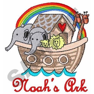 May include: A colorful illustration of Noah's Ark with a rainbow above it. The ark is filled with animals, including elephants, lions, and giraffes. The text "Noah's Ark" is written below the ark.