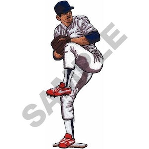 May include: A baseball pitcher in a white uniform with a blue cap and red shoes is throwing a ball.