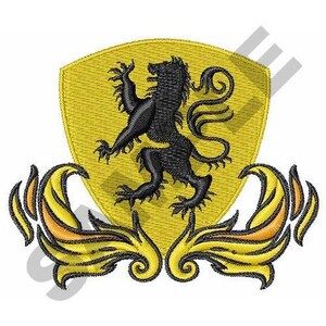 Könnte beinhalten: Ein schwarzer, aufgerichteter Löwe auf einem gelben Schild mit goldenen und gelben, stilisierten floralen Akzenten.