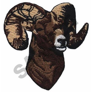 May include: Embroidered patch of a brown bighorn sheep with large curled horns. The sheep's head is facing forward with a white muzzle.