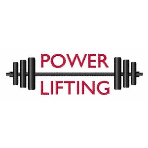May include: A black barbell with red text that reads "POWER LIFTING".