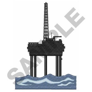 May include: A black and white illustration of an oil rig in the ocean. The rig has a tall tower and four legs that extend into the water. The ocean is represented by blue and white waves.