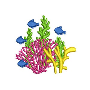 May include: An embroidered design of a coral reef with pink and yellow coral, green seaweed, and blue fish.