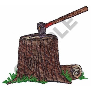 May include: A brown tree stump with a small log next to it. An axe is stuck in the stump with the handle sticking out to the right.