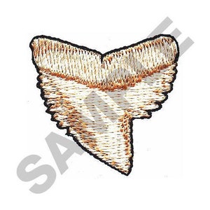 May include: A brown and white embroidered shark tooth with a black outline.