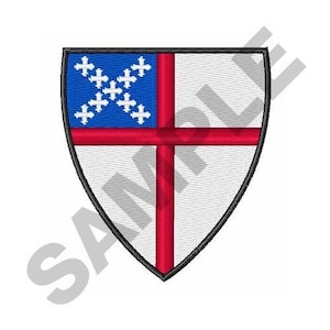 May include: A shield-shaped emblem with a red cross over a white background. The top portion of the shield is blue with white crosses.
