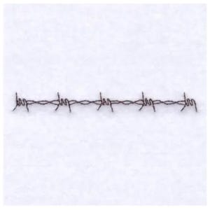 Könnte beinhalten: Ein schwarzes Stacheldrahtdesign, auf weißem Hintergrund gestickt. Das Design zeigt eine Reihe von scharfen Widerhaken entlang einer horizontalen Linie, wodurch eine visuelle Darstellung eines Zauns entsteht. Die Stickerei ist detailliert und präzise.