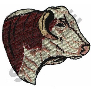 May include: Embroidered patch of a white and red bull's head with a brown horn. The bull's head is facing to the right.