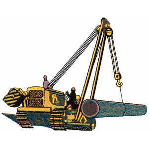 May include: A yellow construction vehicle with a crane arm lifting a large pipe. The vehicle has a black and yellow striped design and is on tracks. The crane arm is yellow and has a black hook.