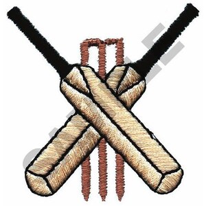 Könnte beinhalten: Zwei gekreuzte Cricket-Schläger in Braun und Schwarz, mit drei braunen Stützen in der Mitte.