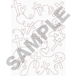 May include: A digital design featuring multiple crosses with hearts and swirls. The design is in black and white and is perfect for embroidery or quilting.