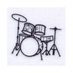 Puede incluir: Un dibujo en blanco y negro de una batería con un bombo, dos toms, un tambor de caja y un platillo.