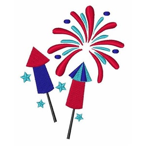 May include: Red, white, and blue fireworks with two rockets. The fireworks are exploding in a burst of red and blue. The rockets are pointed upwards.