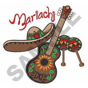 以下が含まれることがあります： 茶色のソンブレロ、緑と赤のアクセントが付いた茶色のギター、赤、黄、緑のアクセントが付いたマラカス2つが刺繍されたカラフルなデザイン。デザインの上には「Mariachi」という文字が赤で刺繍されている