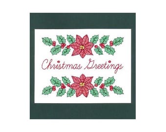 Tarjeta de felicitación navideña: diseño de bordado a máquina, patrón de bordado de flor de Pascua, diseño de bordado de tarjeta con borde de acebo navideño