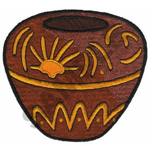 May include: A brown ceramic pot with a yellow sun design and geometric patterns. The pot has a round shape and a wide opening.