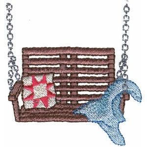 May include: A brown wooden swing with a red and white patterned pillow and a blue blanket hanging from the side.