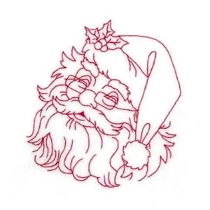 Pode incluir: Um desenho de linha vermelha do rosto do Papai Noel sobre um fundo branco. O Papai Noel está usando um chapéu com azevinho no topo e tem uma barba longa.