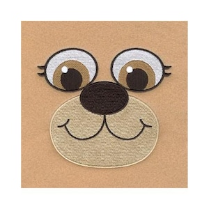 May include: Embroidered cartoon animal face with brown eyes, a brown nose, and a smiling mouth.