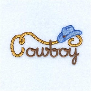 Op de afbeelding: Borduurwerk van het woord "cowboy" met een lasso en een blauwe cowboyhoed.