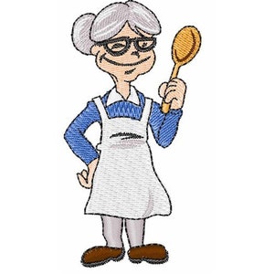 May include: A cartoon illustration of a woman wearing a white apron and blue shirt, holding a wooden spoon. She has gray hair and is wearing glasses.
