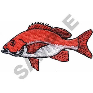 Könnte beinhalten: Rot-weißer gestickter Fisch mit schwarzem Umriss. Der Fisch blickt nach links und hat ein großes Auge.