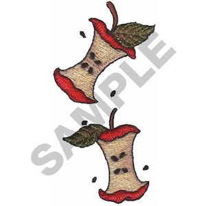 May include: Embroidered design of two apple cores, each with a red edge, tan center, and green leaf. Black seeds are scattered around the cores. The word "SAMPLE" is printed diagonally in the background.
