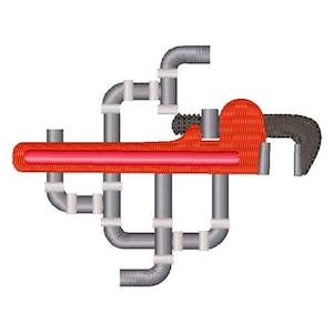 Peut inclure: Une clé à molette rouge avec une poignée grise est entourée de tuyaux gris avec des raccords blancs. La clé à molette est au centre de l'image et les tuyaux sont disposés en cercle autour d'elle.