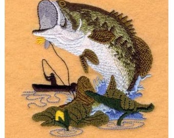 Largemouth Bass - Machine Embroidery Design, Fishing Boat & Fisherman Embroidery Pattern, Fish In The Lake Embroidery Design