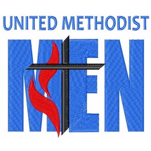 May include: A blue and red logo with the text "UNITED METHODIST MEN" and a stylised flame and cross.