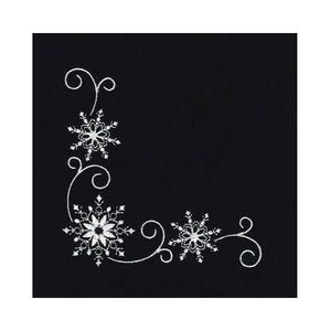 May include: A black background with a white embroidered design in the corner. The design features three snowflakes and curling vines. The snowflakes have detailed patterns, and the vines add a delicate touch to the overall composition.