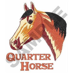 May include: An embroidered design of a Quarter Horse head, showcasing a detailed depiction of the horse's profile. The design features a color palette of tan, orange, and black, with the text "QUARTER HORSE" in orange below the horse's head.