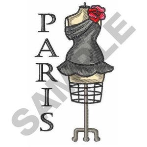 May include: An embroidery design featuring a dress form wearing a black dress with a ruffled hem and a red flower on the shoulder. The word PARIS is embroidered vertically in black capital letters to the left of the dress form on a stand.