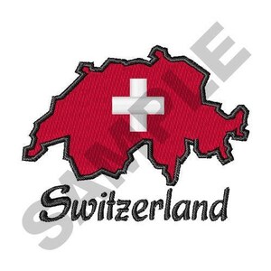 Puede incluir: Un parche bordado con un contorno rojo de Suiza con una cruz blanca en el centro. El texto "Suiza" está bordado debajo del contorno.