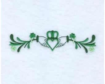 Diseño de bordado a máquina con manos, corazón y corona de Claddagh irlandés, patrón de bordado de tréboles y hojas, diseño de bordado para el Día de San Patricio.