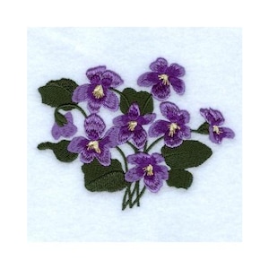 May include: Embroidered design of a cluster of purple violets with green leaves.