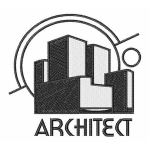 May include: Black and white logo design of a stylized building with a circle around it. The text "ARCHITECT" is below the building.