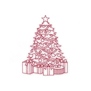 May include: A red outline drawing of a Christmas tree decorated with ornaments and a star on top. The tree is surrounded by presents with bows.