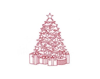 Árbol de Navidad en Redwork - Diseño de bordado a máquina, Patrón de bordado en Redwork de árbol de Navidad decorado, Diseño de bordado de regalos de Navidad