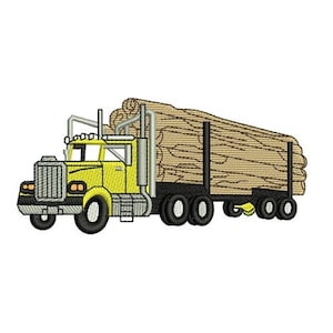 Puede incluir: Un camión de juguete amarillo y negro transportando una carga de troncos marrones. El camión tiene una cabina grande y un remolque de plataforma. Los troncos están apilados en alto en el remolque.