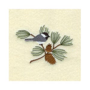 May include: Embroidered design of a small gray and white bird perched on a branch of pine needles with brown pine cones.