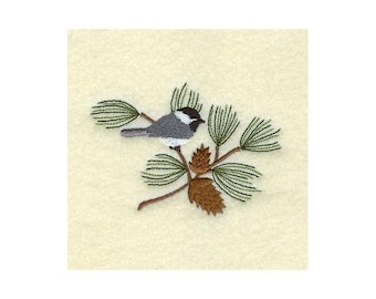 Chickadee On Pine Branch - Machine Embroidery Design, Titmouse Bird Embroidery Design, Pine Bough Embroidery Pattern