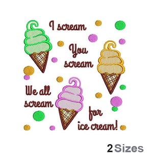 Puede incluir: Un diseño de bordado con tres conos de helado con el texto "Yo grito, Tú gritas, Todos gritamos por helado!" y chispas de colores.