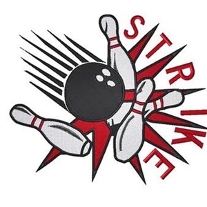 May include: An embroidered patch featuring a black bowling ball hitting white bowling pins with red stripes. Behind the action is a red starburst shape. The word STRIKE is embroidered in red capital letters along the right side of the design.