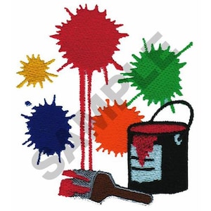 May include: A paint can with a red lid and a paintbrush with red, yellow, blue, green, and orange paint splatters.