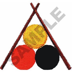 May include: Three circles arranged in a triangle shape, with a red, yellow and black colour scheme. Two brown sticks cross over the top of the circles.