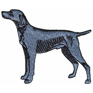 May include: A black and white embroidered illustration of a German Shorthaired Pointer dog standing in profile.