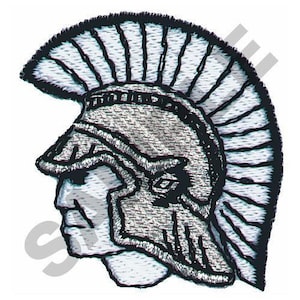 May include: A black and white embroidered patch of a Roman soldier's head wearing a helmet with a plume.